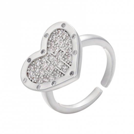 Picture of 1 Piece Brass Religious Open Rings Heart Cross Platinum Plated Micro Pave Clear Cubic Zirconia 17mm(US Size 6.5)
