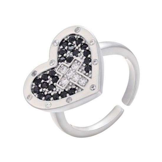 Picture of 1 Piece Brass Religious Open Rings Heart Cross Platinum Plated Micro Pave Black Cubic Zirconia 17mm(US Size 6.5)
