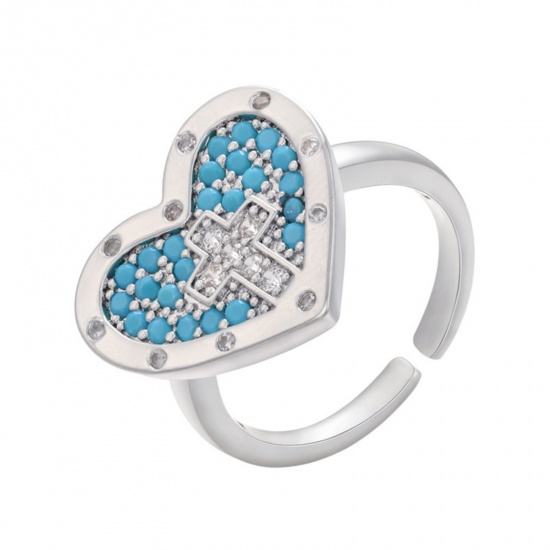 Picture of 1 Piece Brass Religious Open Rings Heart Cross Platinum Plated Micro Pave Blue Cubic Zirconia 17mm(US Size 6.5)