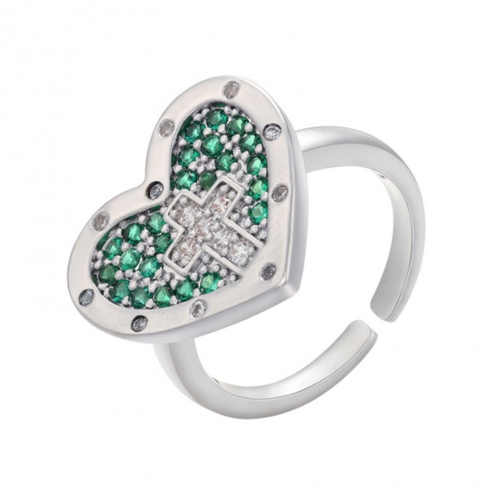 Picture of 1 Piece Brass Religious Open Rings Heart Cross Platinum Plated Micro Pave Green Cubic Zirconia 17mm(US Size 6.5)
