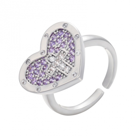 Picture of 1 Piece Brass Religious Open Rings Heart Cross Platinum Plated Micro Pave Purple Cubic Zirconia 17mm(US Size 6.5)