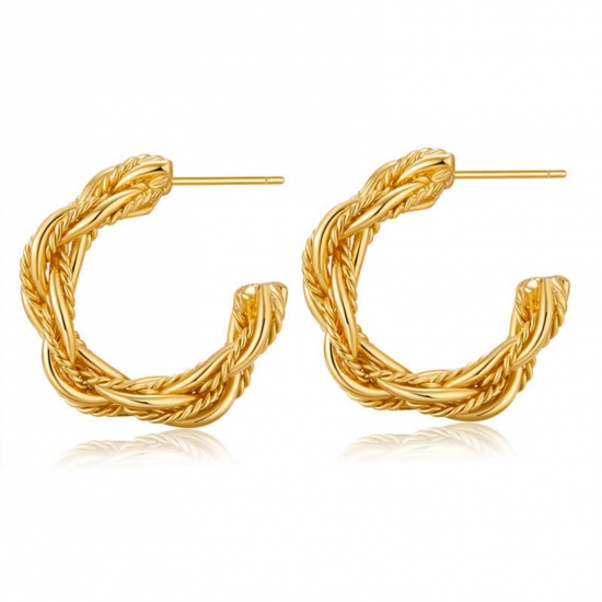 Immagine di 1 Paio Ecologico Elegante 18K Vero Oro Placcato Ottone Forma di C Struttura Orecchini Circolari Per Donne 25.3mm x 6.3mm