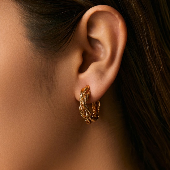 Immagine di 1 Paio Ecologico Elegante 18K Vero Oro Placcato Ottone Forma di C Struttura Orecchini Circolari Per Donne 25.3mm x 6.3mm