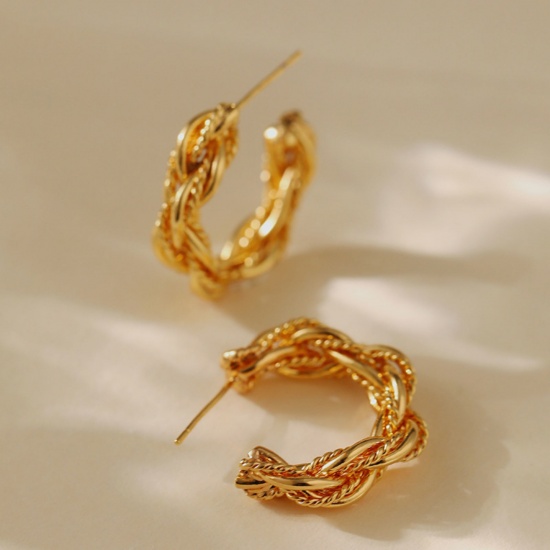 Immagine di 1 Paio Ecologico Elegante 18K Vero Oro Placcato Ottone Forma di C Struttura Orecchini Circolari Per Donne 25.3mm x 6.3mm