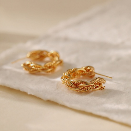 Immagine di 1 Paio Ecologico Elegante 18K Vero Oro Placcato Ottone Forma di C Struttura Orecchini Circolari Per Donne 25.3mm x 6.3mm