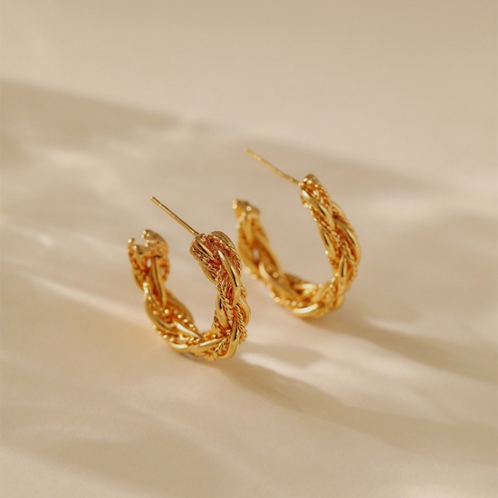 Immagine di 1 Paio Ecologico Elegante 18K Vero Oro Placcato Ottone Forma di C Struttura Orecchini Circolari Per Donne 25.3mm x 6.3mm