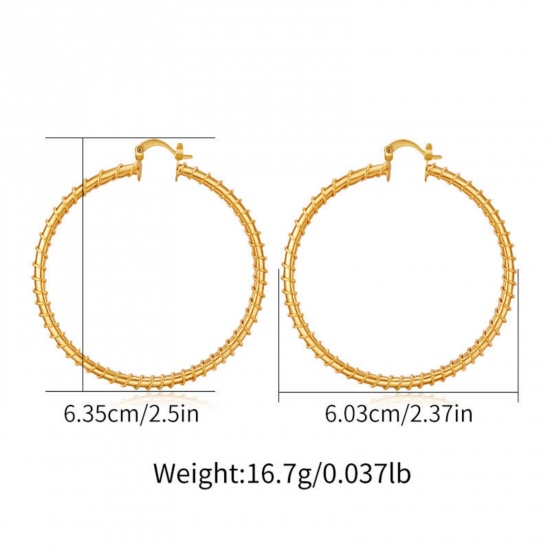 Imagen de 1 Par Respetuoso del Medio Ambiente Elegante 18K Oro Real Chapado Latón Ronda Textura Pendientes de Aro Para Mujeres 6.4cm x 6cm