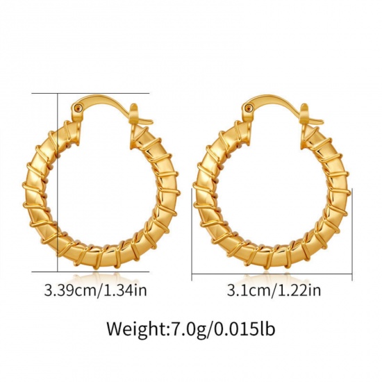 Imagen de 1 Par Respetuoso del Medio Ambiente Elegante 18K Oro Real Chapado Latón Ronda Textura Pendientes de Aro Para Mujeres 3.4cm x 3.1cm