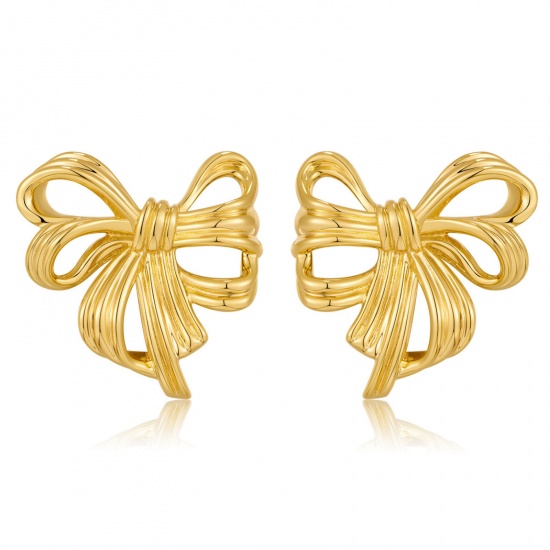 Image de 1 Paire Boucles d'Oreilles Puces Simple en Laiton À la Mode Nœuds Papillon Plaqué Or 18K 3D Pour Femmes 3.1cm x 2.3cm