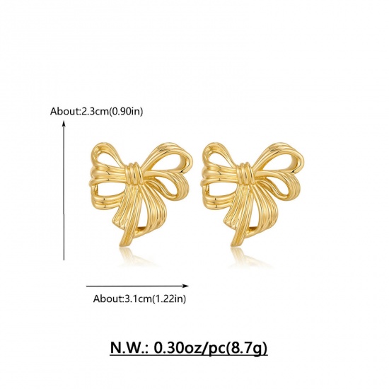 Image de 1 Paire Boucles d'Oreilles Puces Simple en Laiton À la Mode Nœuds Papillon Plaqué Or 18K 3D Pour Femmes 3.1cm x 2.3cm