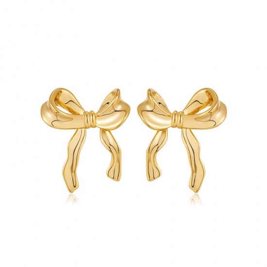 Picture of 1 Pair Stylish Simple 18K Gold Plated Brass Bowknot 3D Ear Post Stud Earrings For Women 26mm x 22mm