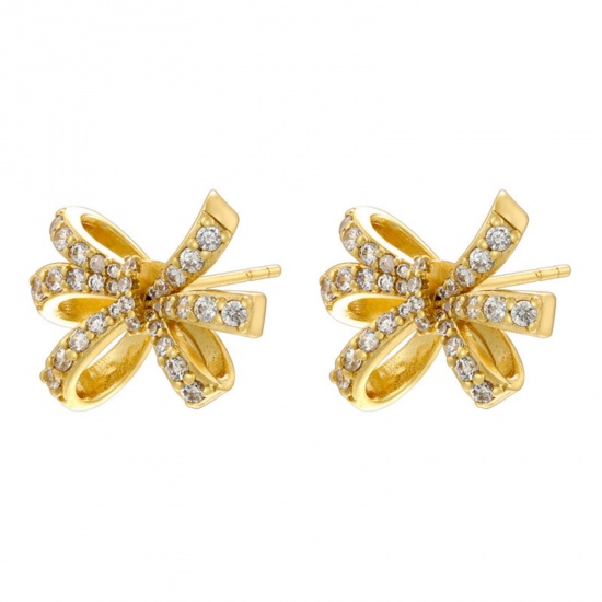 Picture of 1 Pair Stylish 18K Gold Plated Brass Bowknot Micro Pave Ear Post Stud Earrings For Women