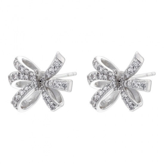 Picture of 1 Pair Stylish Platinum Plated Brass Bowknot Micro Pave Ear Post Stud Earrings For Women