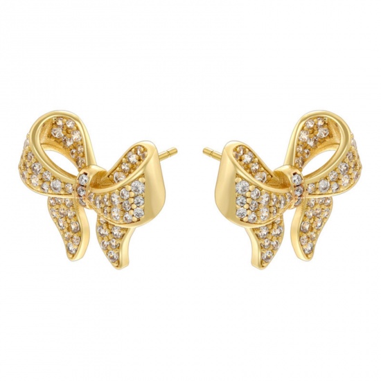 Picture of 1 Pair Stylish 18K Gold Plated Brass Bowknot Micro Pave Ear Post Stud Earrings For Women