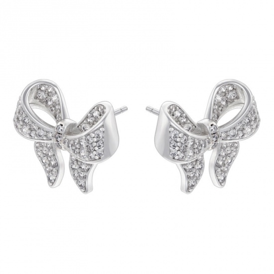 Picture of 1 Pair Stylish Platinum Plated Brass Bowknot Micro Pave Ear Post Stud Earrings For Women