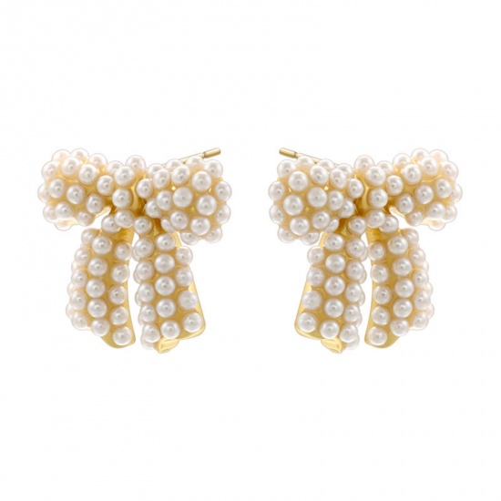 Picture of 1 Pair Stylish 18K Gold Plated Brass Bowknot Imitation Pearl Ear Post Stud Earrings For Women