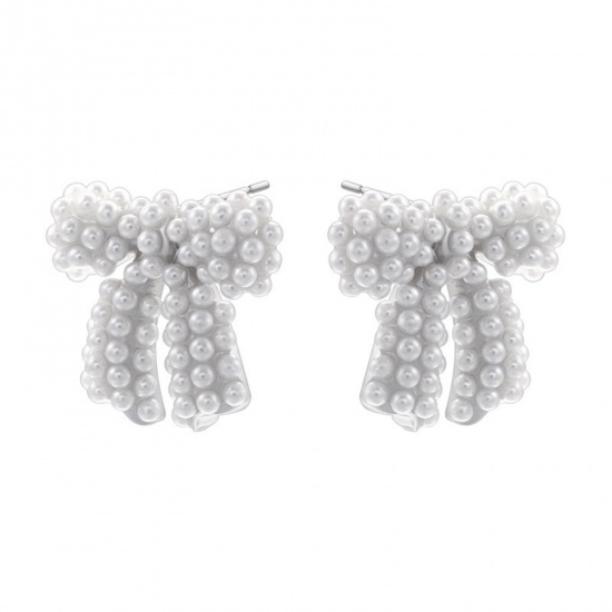 Picture of 1 Pair Stylish Platinum Plated Brass Bowknot Imitation Pearl Ear Post Stud Earrings For Women