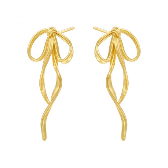 Picture of 1 Pair Stylish 18K Gold Plated Brass Bowknot Ear Post Stud Earrings For Women