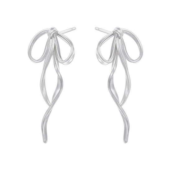 Picture of 1 Pair Stylish Platinum Plated Brass Bowknot Ear Post Stud Earrings For Women