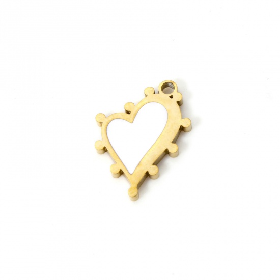 Picture of 2 PCs Eco-friendly PVD Vacuum Plating 304 Stainless Steel Valentine's Day Charms 18K Gold Plated White Heart Enamel 16mm x 12mm