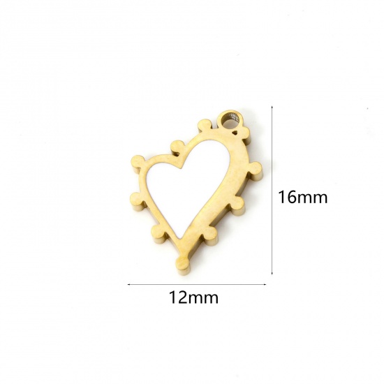 Picture of 2 PCs Eco-friendly PVD Vacuum Plating 304 Stainless Steel Valentine's Day Charms 18K Gold Plated White Heart Enamel 16mm x 12mm