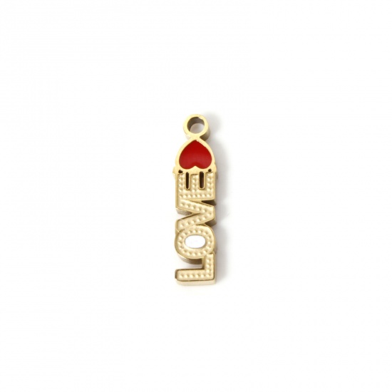 Picture of 2 PCs Eco-friendly PVD Vacuum Plating 304 Stainless Steel Valentine's Day Charms 18K Gold Plated Red " Love " Enamel 17mm x 4mm