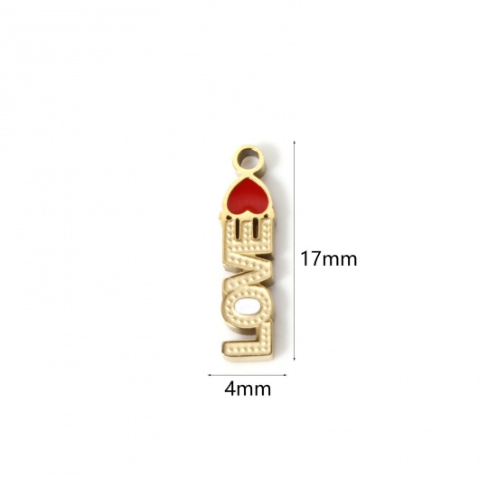 Picture of 2 PCs Eco-friendly PVD Vacuum Plating 304 Stainless Steel Valentine's Day Charms 18K Gold Plated Red " Love " Enamel 17mm x 4mm