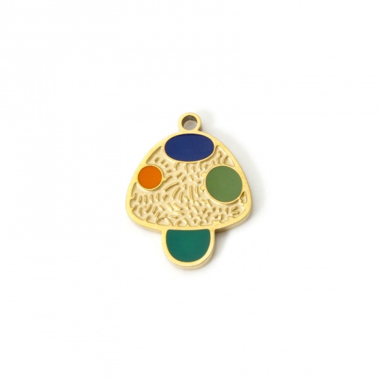 Picture of 2 PCs Eco-friendly PVD Vacuum Plating 304 Stainless Steel Flora Collection Charms 18K Gold Plated Multicolor Mushroom Enamel 17mm x 13mm