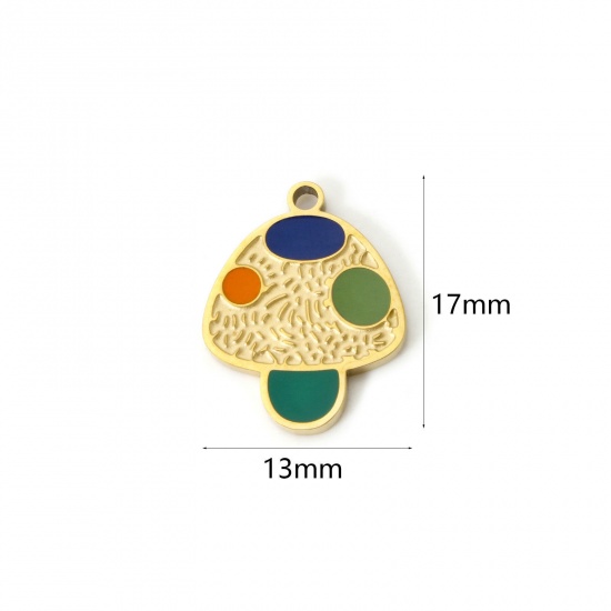 Picture of 2 PCs Eco-friendly PVD Vacuum Plating 304 Stainless Steel Flora Collection Charms 18K Gold Plated Multicolor Mushroom Enamel 17mm x 13mm
