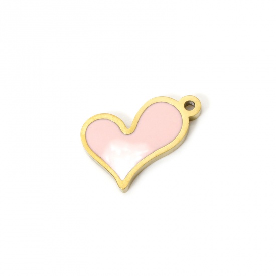 Picture of 2 PCs Eco-friendly PVD Vacuum Plating 304 Stainless Steel Valentine's Day Charms 18K Gold Plated White & Pink Gradient Color Heart Enamel 19mm x 15mm