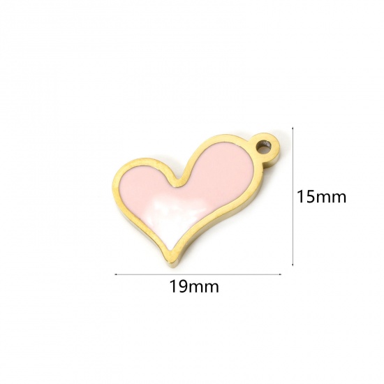 Picture of 2 PCs Eco-friendly PVD Vacuum Plating 304 Stainless Steel Valentine's Day Charms 18K Gold Plated White & Pink Gradient Color Heart Enamel 19mm x 15mm