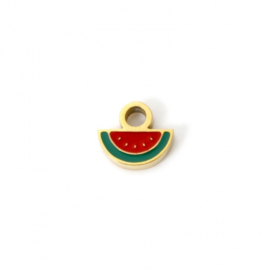 Picture of 2 PCs Eco-friendly PVD Vacuum Plating 304 Stainless Steel Flora Collection Charms 18K Gold Plated Red Watermelon Fruit Enamel 8mm x 7mm