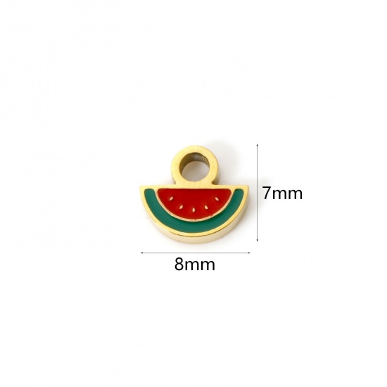 Picture of 2 PCs Eco-friendly PVD Vacuum Plating 304 Stainless Steel Flora Collection Charms 18K Gold Plated Red Watermelon Fruit Enamel 8mm x 7mm