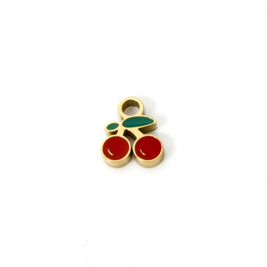 Picture of 2 PCs Eco-friendly PVD Vacuum Plating 304 Stainless Steel Flora Collection Charms 18K Gold Plated Red Cherry Fruit Enamel 10mm x 8mm