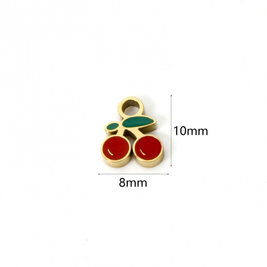 Picture of 2 PCs Eco-friendly PVD Vacuum Plating 304 Stainless Steel Flora Collection Charms 18K Gold Plated Red Cherry Fruit Enamel 10mm x 8mm