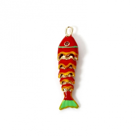 Picture of 1 Piece Eco-friendly Brass Ocean Jewelry Pendants 18K Real Gold Plated Red & Green Fish Animal Movable Enamel 3D 4.1cm x 1cm