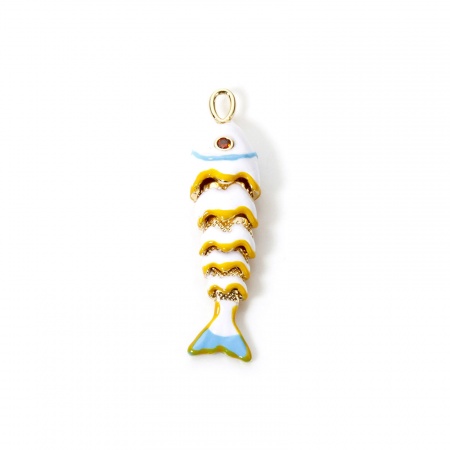 Picture of 1 Piece Eco-friendly Brass Ocean Jewelry Pendants 18K Real Gold Plated White Enamel Fish Animal 3D Movable Orange Cubic Zirconia 4.1cm x 1cm