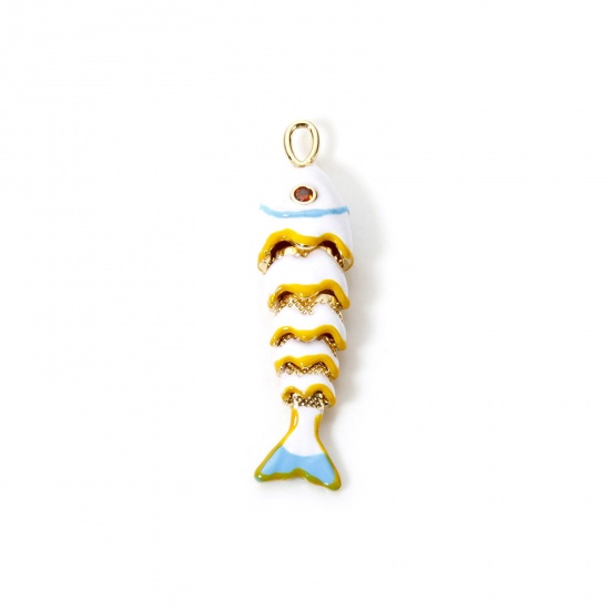 Picture of 1 Piece Eco-friendly Brass Ocean Jewelry Pendants 18K Real Gold Plated White & Blue Fish Animal Movable Enamel 3D 4.1cm x 1cm