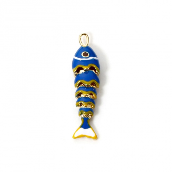 Picture of 1 Piece Eco-friendly Brass Ocean Jewelry Pendants 18K Real Gold Plated White & Dark Blue Fish Animal Movable Enamel 3D 4.1cm x 1cm