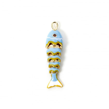 Picture of 1 Piece Eco-friendly Brass Ocean Jewelry Pendants 18K Real Gold Plated Light Blue Enamel Fish Animal 3D Movable Orange Cubic Zirconia 4.1cm x 1cm