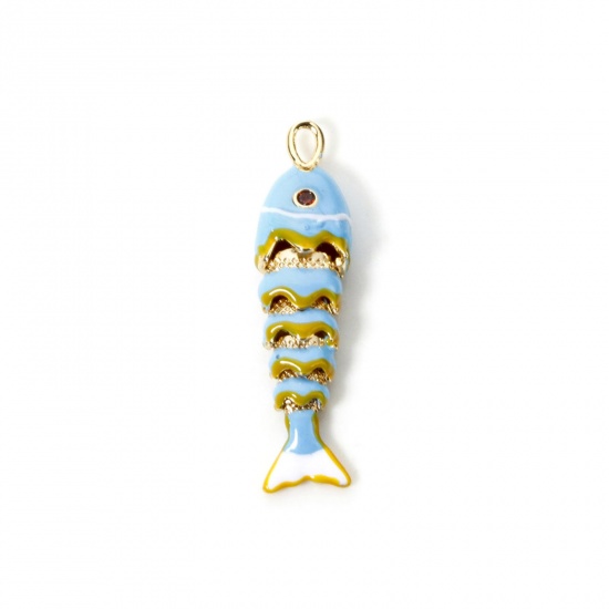 Picture of 1 Piece Eco-friendly Brass Ocean Jewelry Pendants 18K Real Gold Plated White & Blue Fish Animal Movable Enamel 3D 4.1cm x 1cm