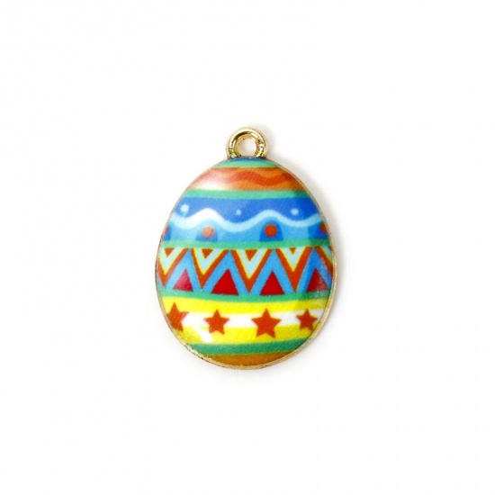 Image de 10 PCs Zinc Based Alloy Easter Day Charms Gold Plated Multicolor Egg Enamel 23mm x 17mm