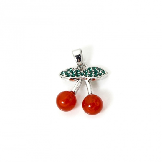 Picture of 2 PCs Eco-friendly Brass Charm Pendant Real Platinum Plated Red Cherry Fruit Micro Pave Green Cubic Zirconia 21mm x 14mm