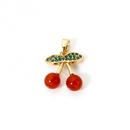 Picture of 2 PCs Eco-friendly Brass Charm Pendant 18K Real Gold Plated Red Cherry Fruit Micro Pave Green Cubic Zirconia 21mm x 14mm