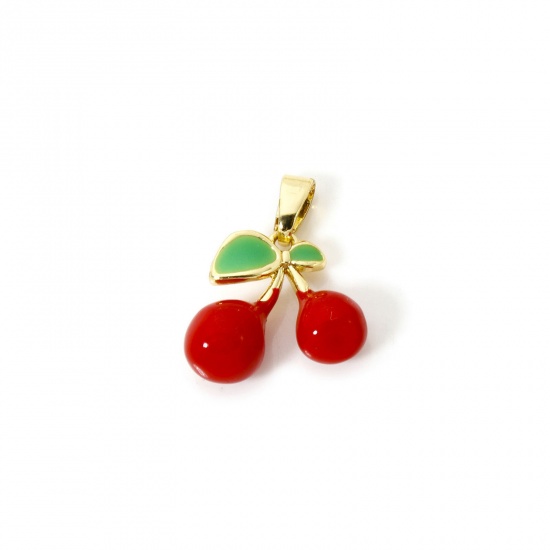 Picture of 2 PCs Eco-friendly Brass Charm Pendant 18K Real Gold Plated Pink & Green Cherry Fruit Enamel 19mm x 12mm