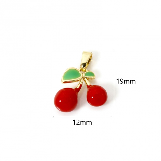 Picture of 2 PCs Eco-friendly Brass Charm Pendant 18K Real Gold Plated Pink & Green Cherry Fruit Enamel 19mm x 12mm