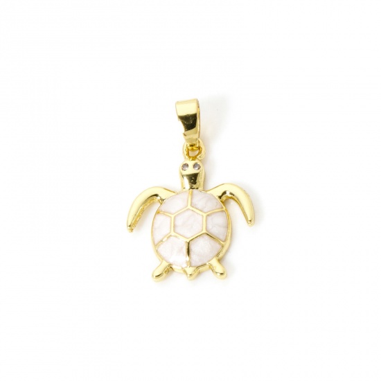 Bild von 2 Stück Umweltfreundlich Messing Charm-Anhänger 18K Echtgold plattiert Weiß Perlmuttartig Schildkröte Emaille 22mm x 15mm