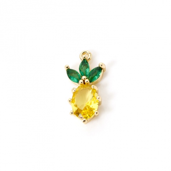 Picture of 2 PCs Brass Charms 18K Gold Plated Pineapple/ Ananas Fruit Green & Yellow Rhinestone 15mm x 8mm