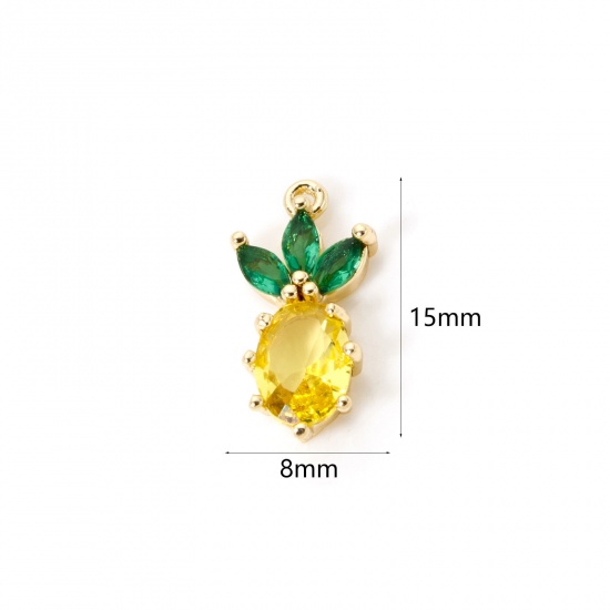 Picture of 2 PCs Brass Charms 18K Gold Plated Pineapple/ Ananas Fruit Green & Yellow Rhinestone 15mm x 8mm