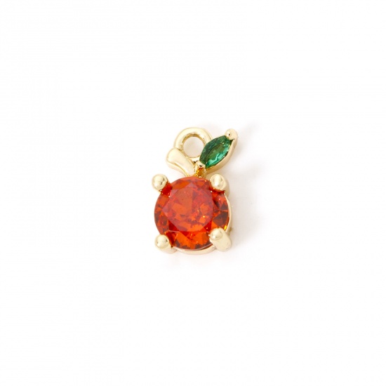 Picture of 2 PCs Brass Charms 18K Gold Plated Orange Fruit Orange-red Rhinestone 9mm x 5mm